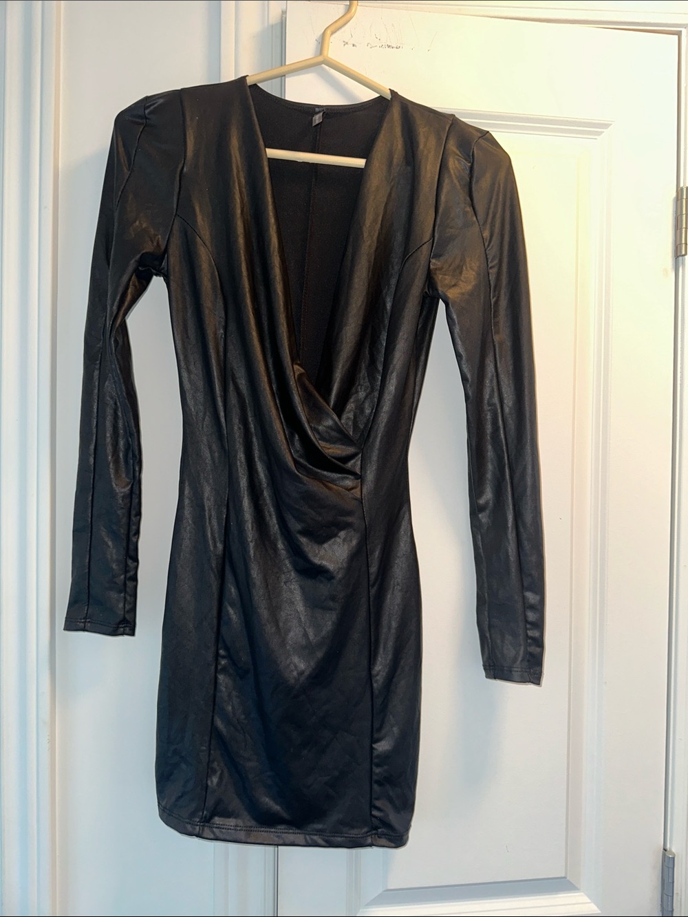 Black Faux Leather Long Sleeve Draped V-Neck Mini Dress
